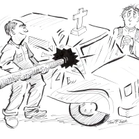 Tegning av en mann som knuser ruta på en bil mes presetn står og ser på med foldede hender